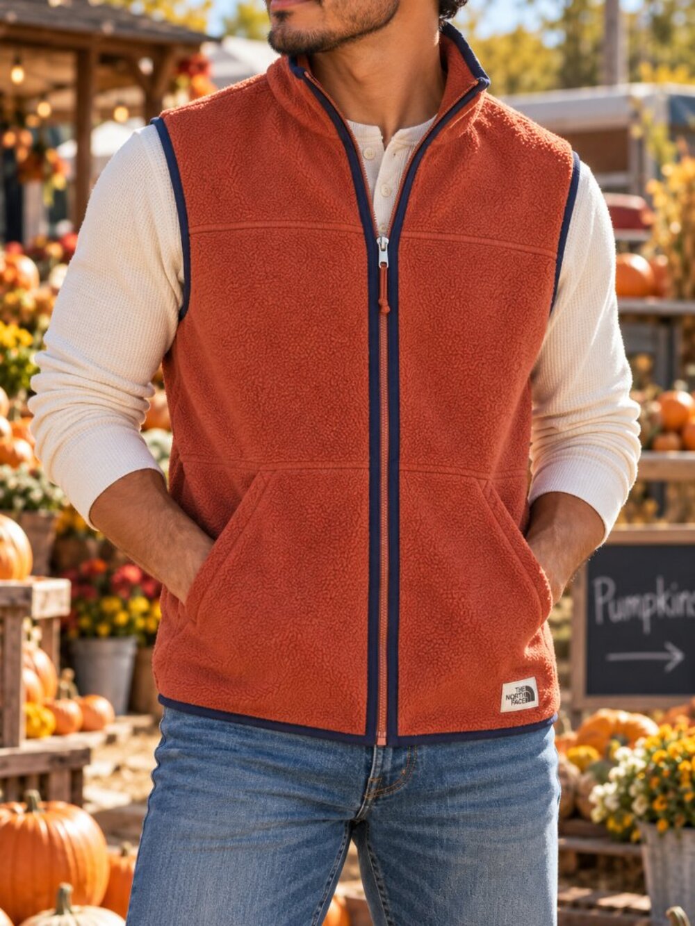 The North Face Men's M Rust Orange Fleece Full Zip Vest Navy Trim
